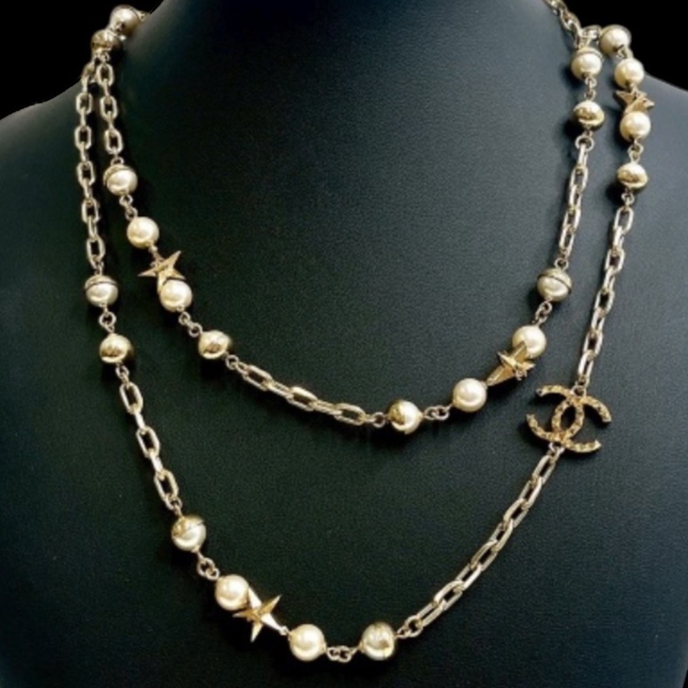 CHANEL Gold Tone Long Strand Pearl & Star Necklace with CC Charm